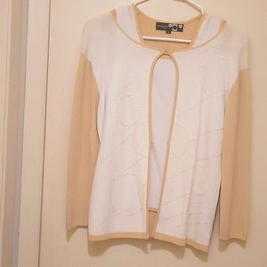Amelia Austin Italian  twinset tan and cream with glitter design on sweater.